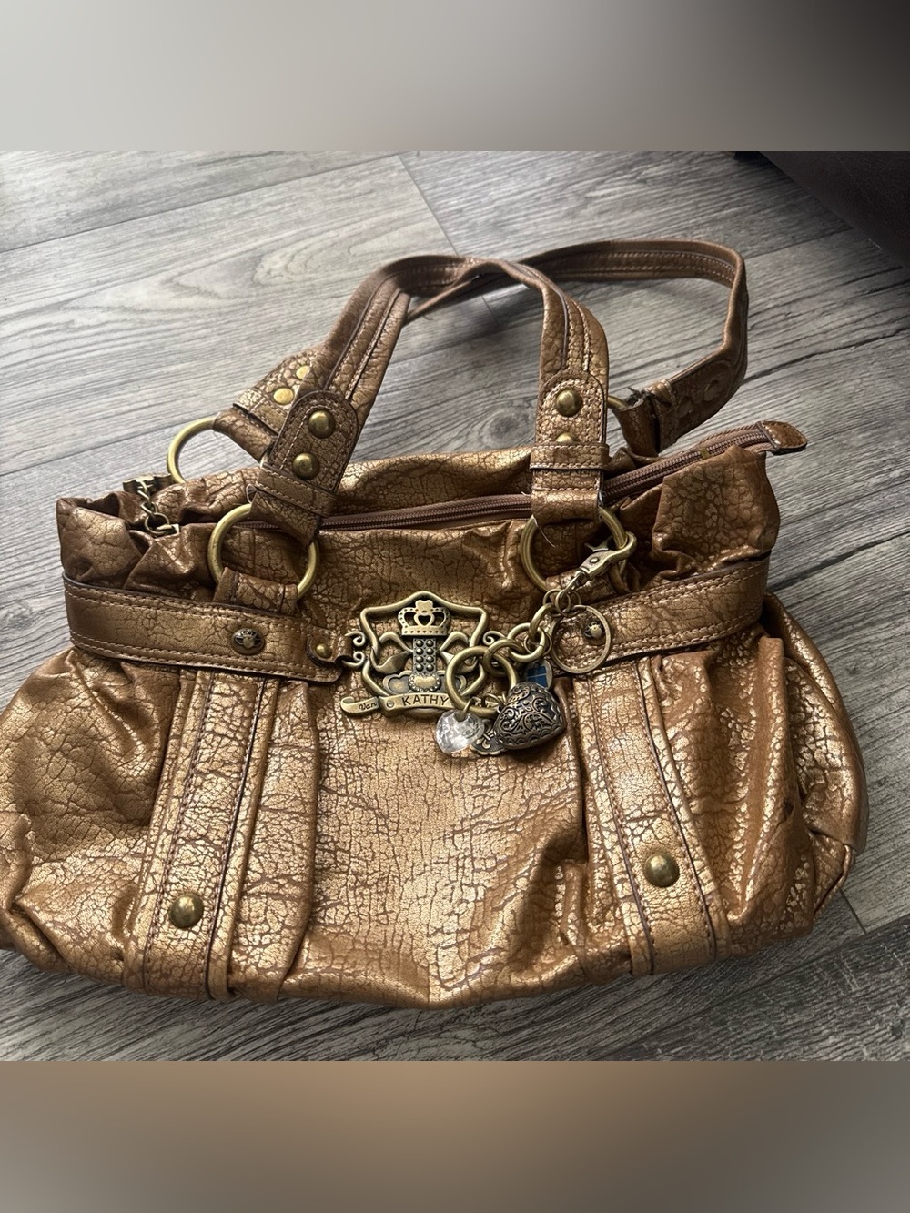 Kathy Van Zeeland Bronze Metallic Shoulder Bag with Charm Accents
